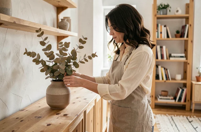 Femme arrangeant des branches d'eucalyptus dans un vase en céramique sur un buffet en bois dans un salon scandinave