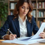 Femme entrepreneur en veste marine étudiant un dossier de demande de subvention à son bureau à domicile