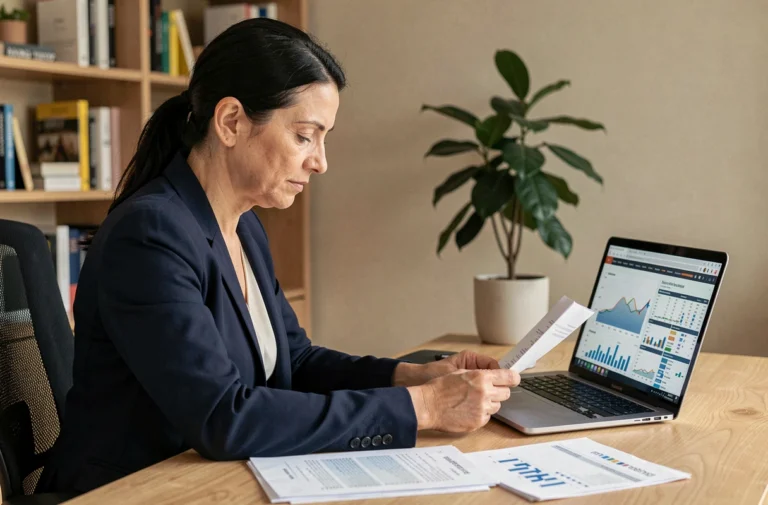 Femme cadre analysant ses finances personnelles et son patrimoine sur un bureau moderne à domicile