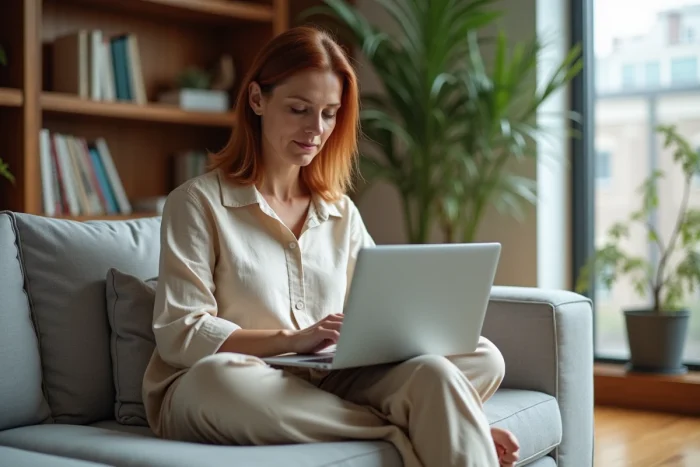 Femme utilisant un ordinateur portable ultraplat avec interface IA à la maison