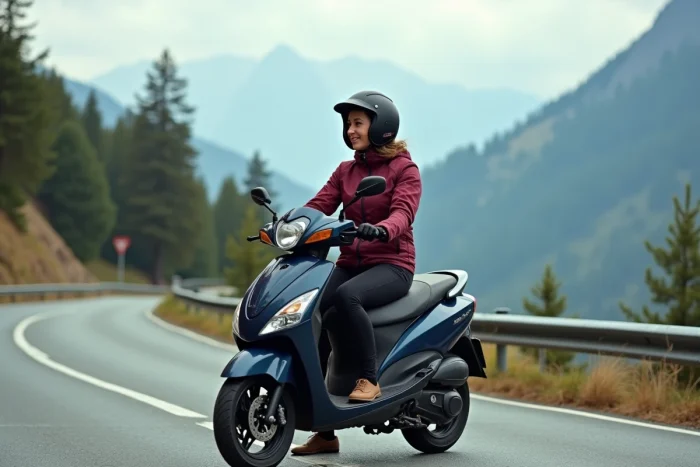 Femme de petite taille au repos sur un maxi scooter bleu marine en route de montagne, illustrant le confort et l'accessibilité pour les petits gabarits en voyage