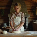 Femme en robe de pionnière pétrissant du pain dans une cuisine rustique de cabane en bois du XIXe siècle, ambiance chaleureuse et authentique inspirée de La Petite Maison dans la Prairie
