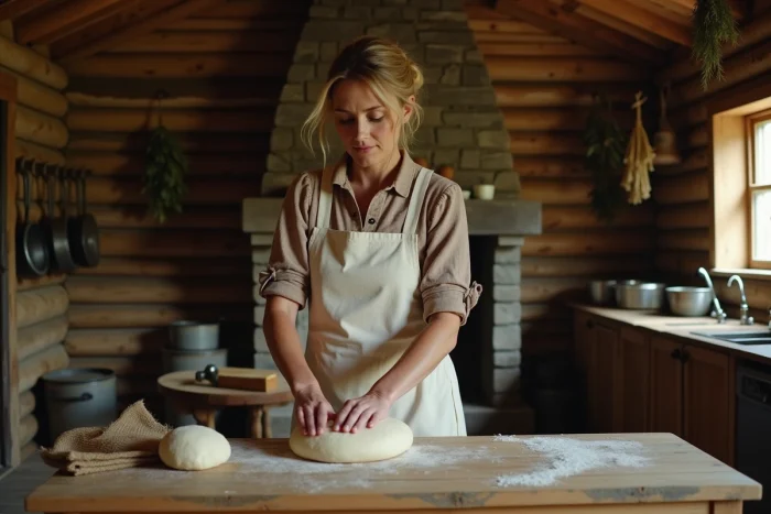 Femme en robe de pionnière pétrissant du pain dans une cuisine rustique de cabane en bois du XIXe siècle, ambiance chaleureuse et authentique inspirée de La Petite Maison dans la Prairie