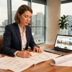 Femme professionnelle analysant des documents immobiliers et des plans architecturaux dans un bureau moderne avec vue sur la ville