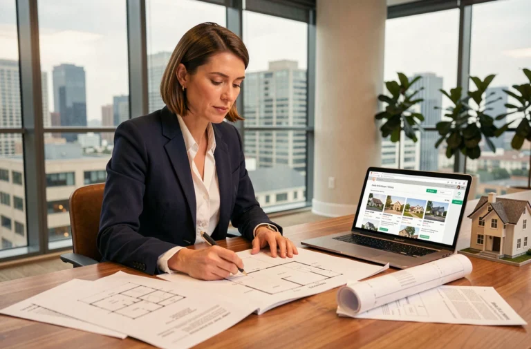 Femme professionnelle analysant des documents immobiliers et des plans architecturaux dans un bureau moderne avec vue sur la ville