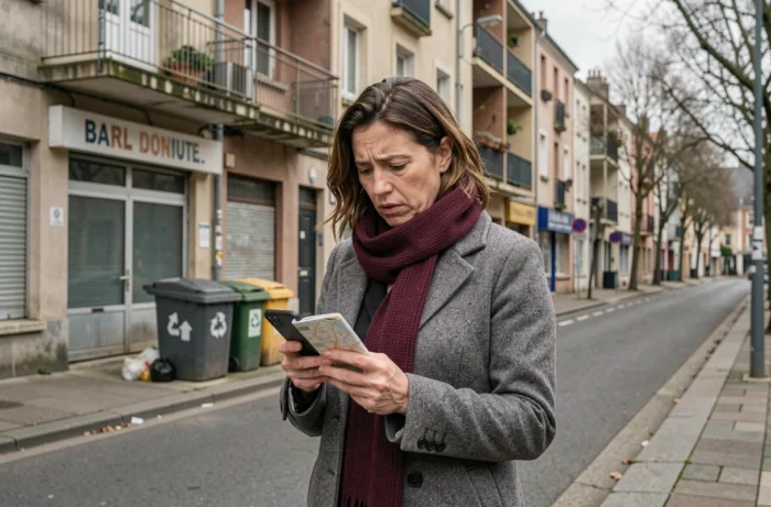 Femme consultant son téléphone dans un quartier urbain de Nantes avec des immeubles anciens et des commerces fermés