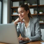 Femme consultant des offres d'emploi sur un site de recrutement depuis son bureau à domicile