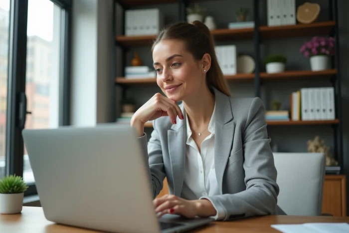 Femme consultant des offres d'emploi sur un site de recrutement depuis son bureau à domicile
