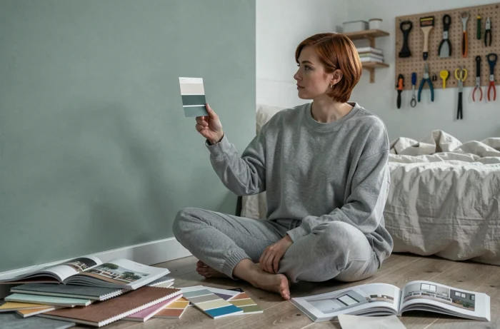 Jeune femme assise sur le sol d'une chambre en cours de rénovation comparant des échantillons de couleurs face à un mur vert sauge