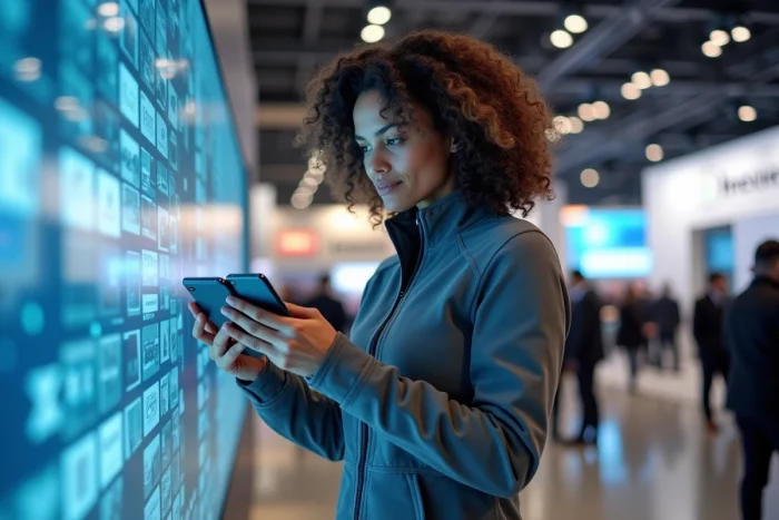 Femme tenant un smartphone pliable à un salon high-tech avec écrans interactifs et stands de technologie en arrière-plan