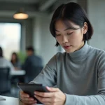 Femme examinant un smartphone pliable dans un bureau high-tech moderne