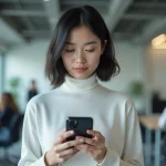 Femme tenant un smartphone pliable dans un espace de travail technologique moderne, illustrant les dernières innovations high-tech