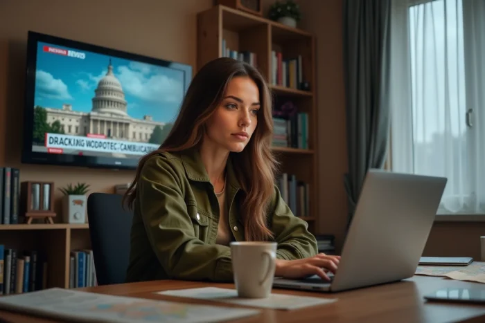 Femme suivant les grandes actualités internationales en temps réel sur ordinateur et télévision depuis son bureau à domicile
