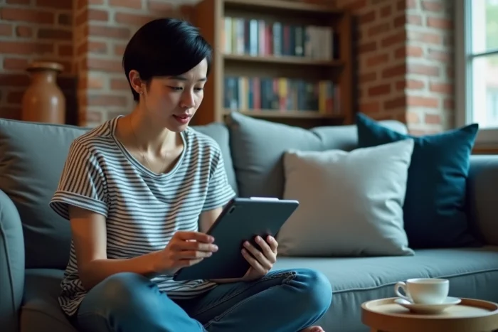 Femme consultant un site de téléchargement torrent français sur une tablette dans son salon