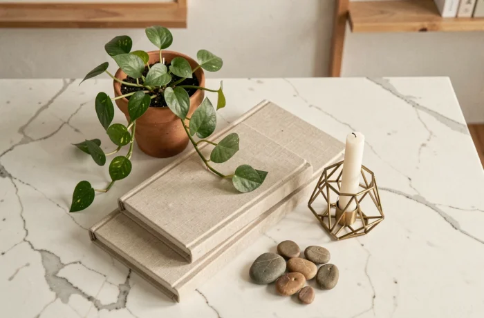 Flat lay d'objets de décoration intérieure sur marbre blanc incluant plante pothos, carnets en lin et bougeoir en laiton