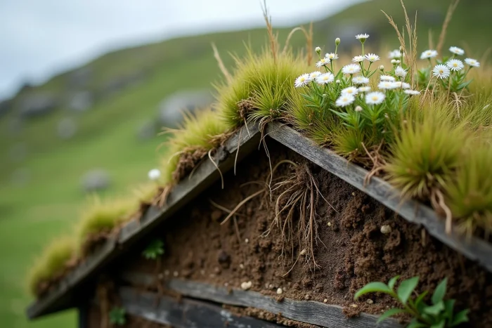 Détail en gros plan d'un toit en herbe féroïen montrant les couches de tourbe, les racines et les fleurs sauvages typiques