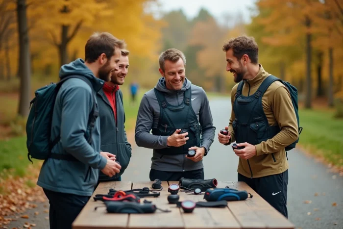 Groupe de coureurs comparant des équipements sportifs tels que vestes d'hydratation et montres GPS dans un parc en automne