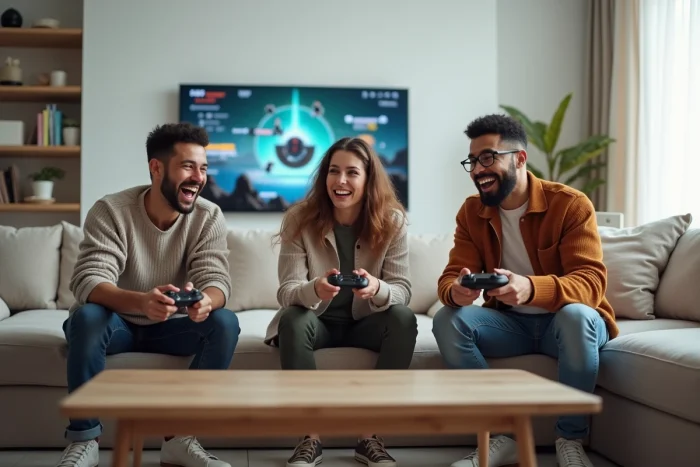 Groupe de jeunes adultes jouant à une console de jeux vidéo dans un salon moderne décoré avec goût, réagissant avec enthousiasme
