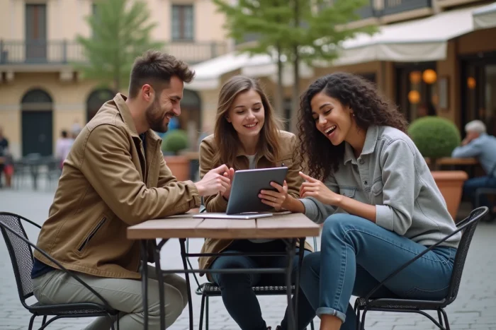 Groupe de jeunes adultes discutant des tendances et actualités de la semaine autour d'une tablette en plein air