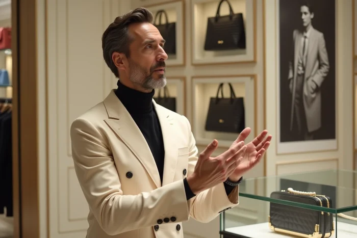 Historien de la mode dans une boutique de luxe présentant des archives photographiques et des accessoires emblématiques de la maison Chanel