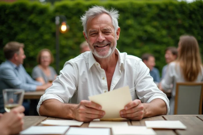 Homme de 50 ans ouvrant des enveloppes et cartes d'anniversaire dans un jardin lors d'une fête