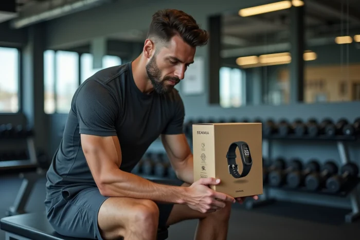 Homme sportif examinant les caractéristiques d'un tracker de fitness dans une salle de sport