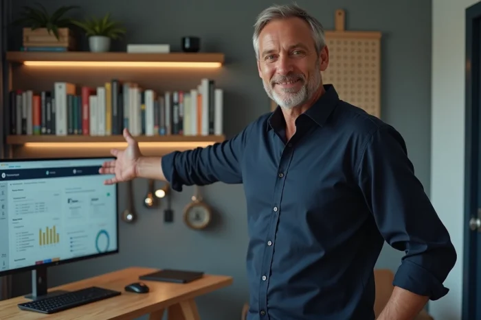 Homme dans un bureau à domicile organisant ses outils numériques sur un grand écran de productivité