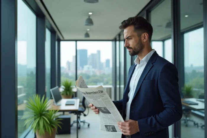 Homme en bureau moderne consultant journaux et tendances de la semaine