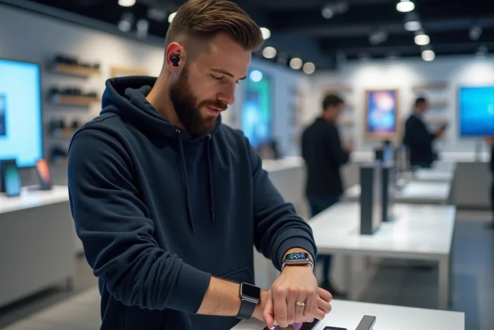 Homme comparant deux smartwatches dans un magasin d'électronique high-tech