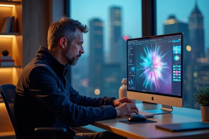 Homme interagissant avec un écran OLED transparent dans un bureau high-tech moderne, tendances technologiques récentes
