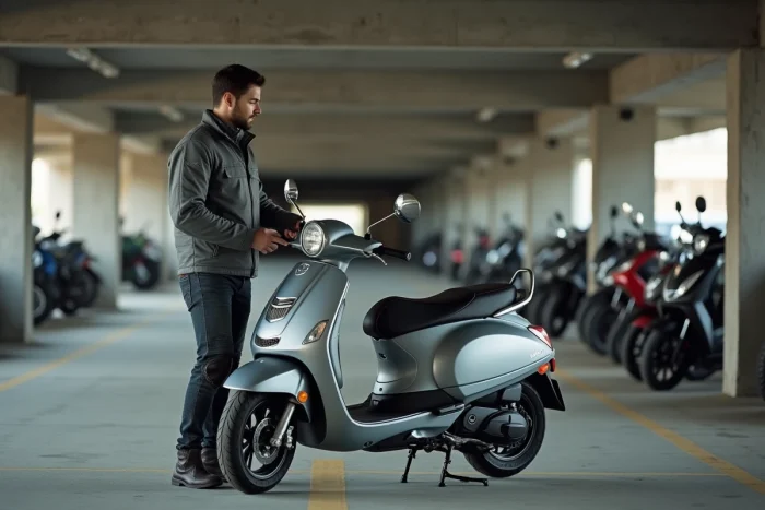 Homme de petite taille évaluant la hauteur de selle d'un maxi scooter argenté dans un parking souterrain, pour choisir un modèle adapté à son gabarit