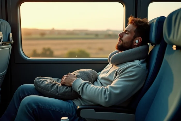 Homme assoupi dans un siège de bus longue distance Blablacar avec coussin cervical et veste en guise de couverture