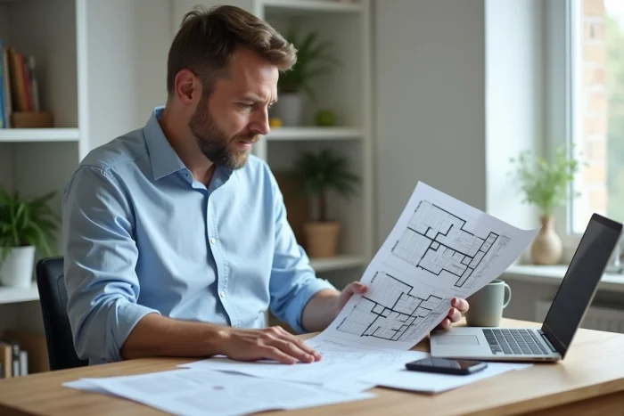 Homme consultant les plans de sa maison à domicile avec un ordinateur portable et des documents officiels imprimés