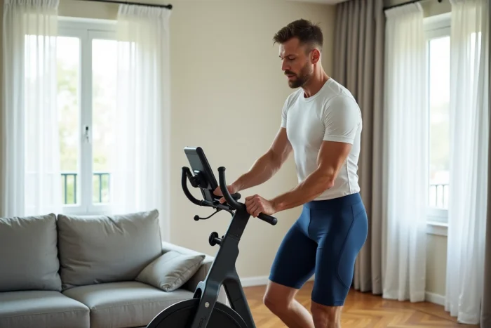 Homme évaluant le réglage de la selle du vélo d'appartement Sportstech F-Bike X150 dans un salon moderne