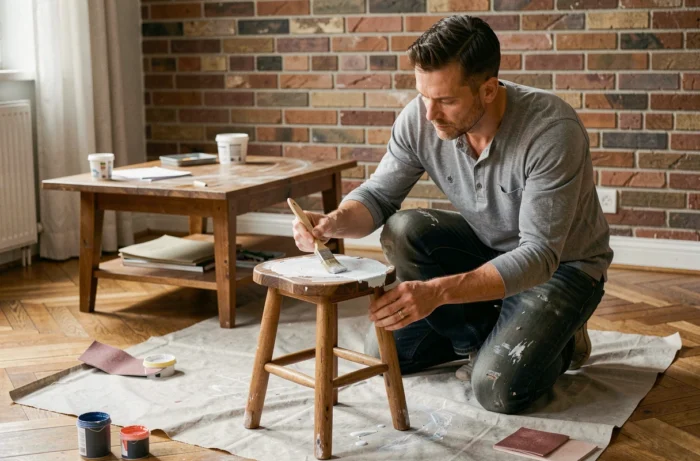 Homme appliquant de la peinture craie sur un tabouret en bois dans un espace de bricolage à domicile