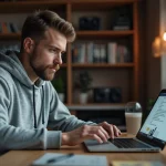 Homme naviguant sur un site de torrent français depuis son bureau à domicile