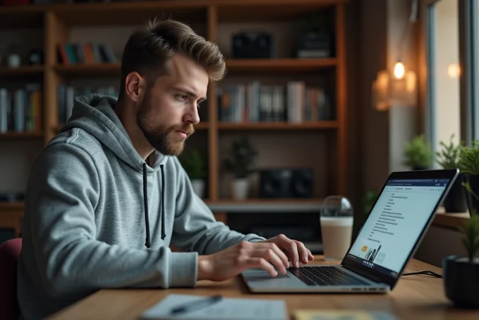 Homme naviguant sur un site de torrent français depuis son bureau à domicile