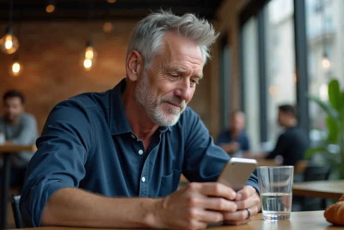 Homme utilisant un smartphone pour accéder à un service de chat depuis un café