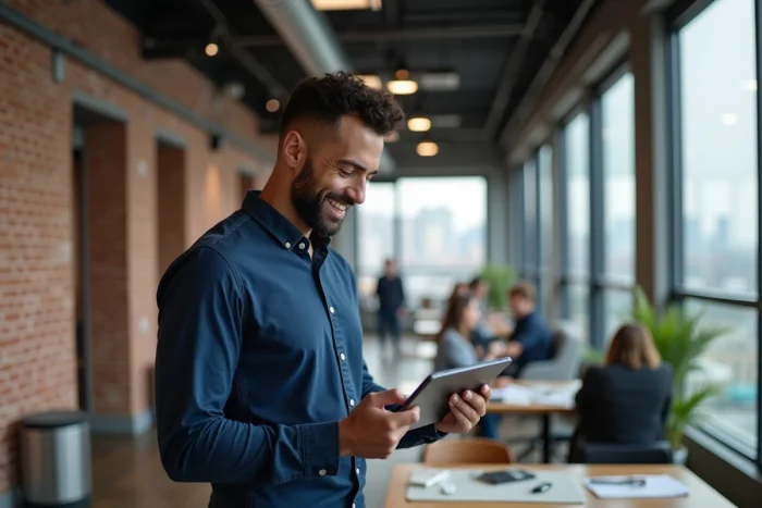 Homme consultant des offres d'emploi sur tablette dans un espace de coworking moderne