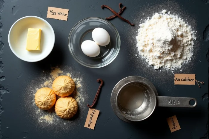Vue de dessus des ingrédients nécessaires à la recette des langues de chat maison disposés sur une ardoise sombre