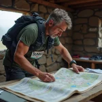 Coureur de trail étudiant les documents d'inscription à la Diagonale des Fous dans un refuge de montagne