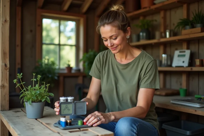 Femme inspectant les piles usées d'un programmateur d'arrosage dans un atelier de jardinage