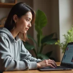 Jeune femme installant PowerPoint gratuitement sur son ordinateur portable à son bureau à domicile