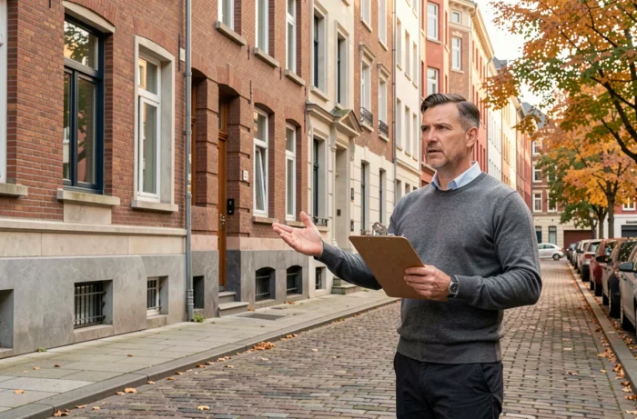 Investisseur immobilier inspectant un immeuble rénové dans une rue urbaine arborée en automne