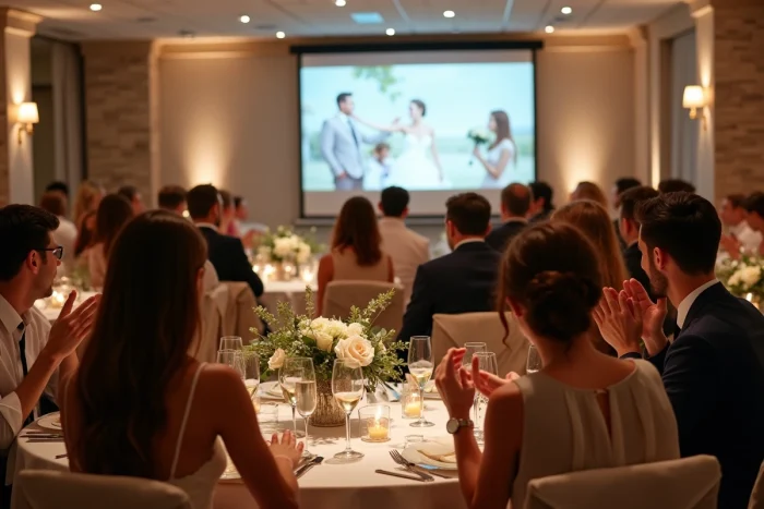 Invités de mariage regardant un diaporama projeté lors d'une réception élégante, illustrant l'importance de la durée d'un diaporama de mariage