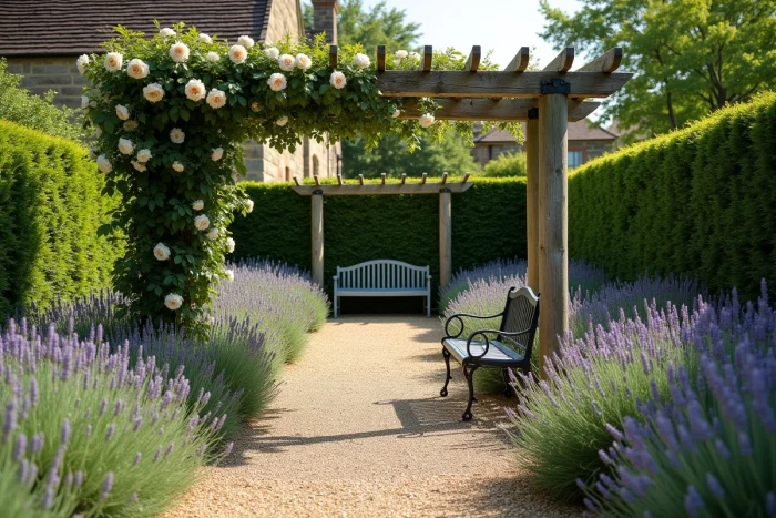 Jardin privé fleuri avec pergola en bois et allée de lavande devant une maison en pierre de caractère