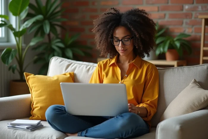 Jeune femme lisant un guide de dépannage pour résoudre les problèmes de My Arkevia depuis son canapé