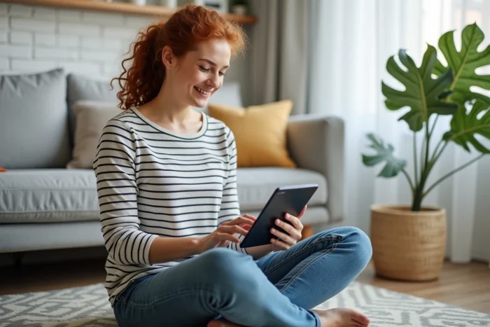 Jeune femme utilisant une tablette pour accéder à un chat en ligne dans un salon moderne