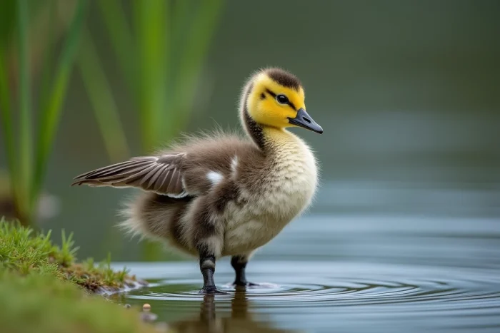 Jeune oison de quatre semaines en transition de duvet vers le plumage adulte au bord d'un étang entouré de roseaux