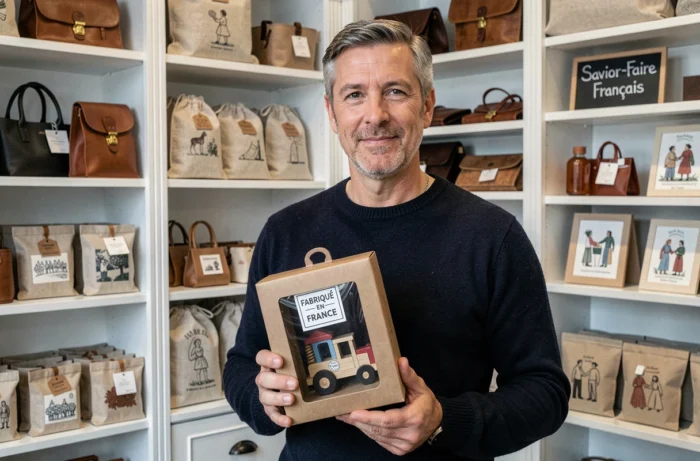 Homme tenant un jouet en bois fabriqué en France dans une boutique de cadeaux artisanaux français